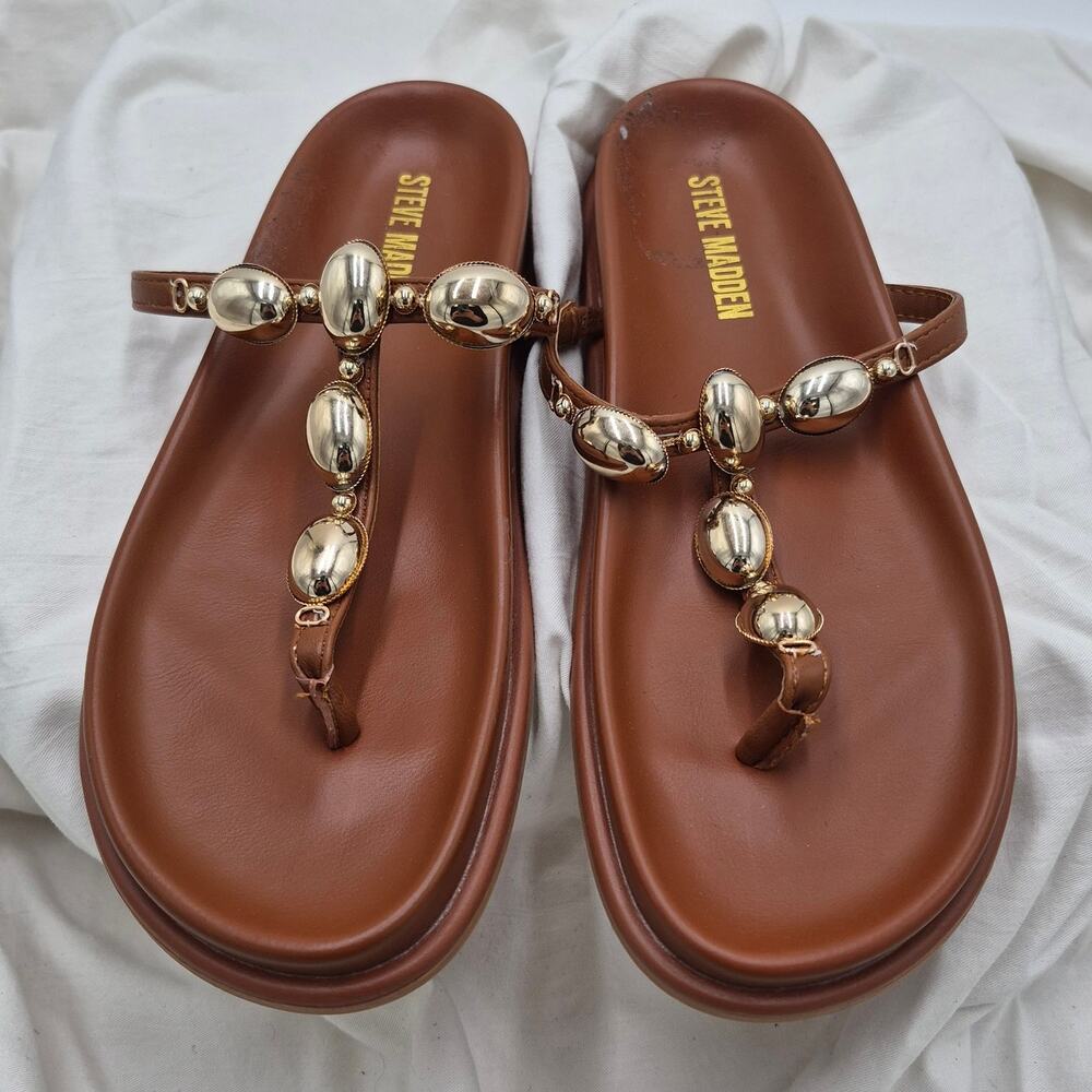 Steve Madden Brown Leather T-Strap Sandals with Gold Accents